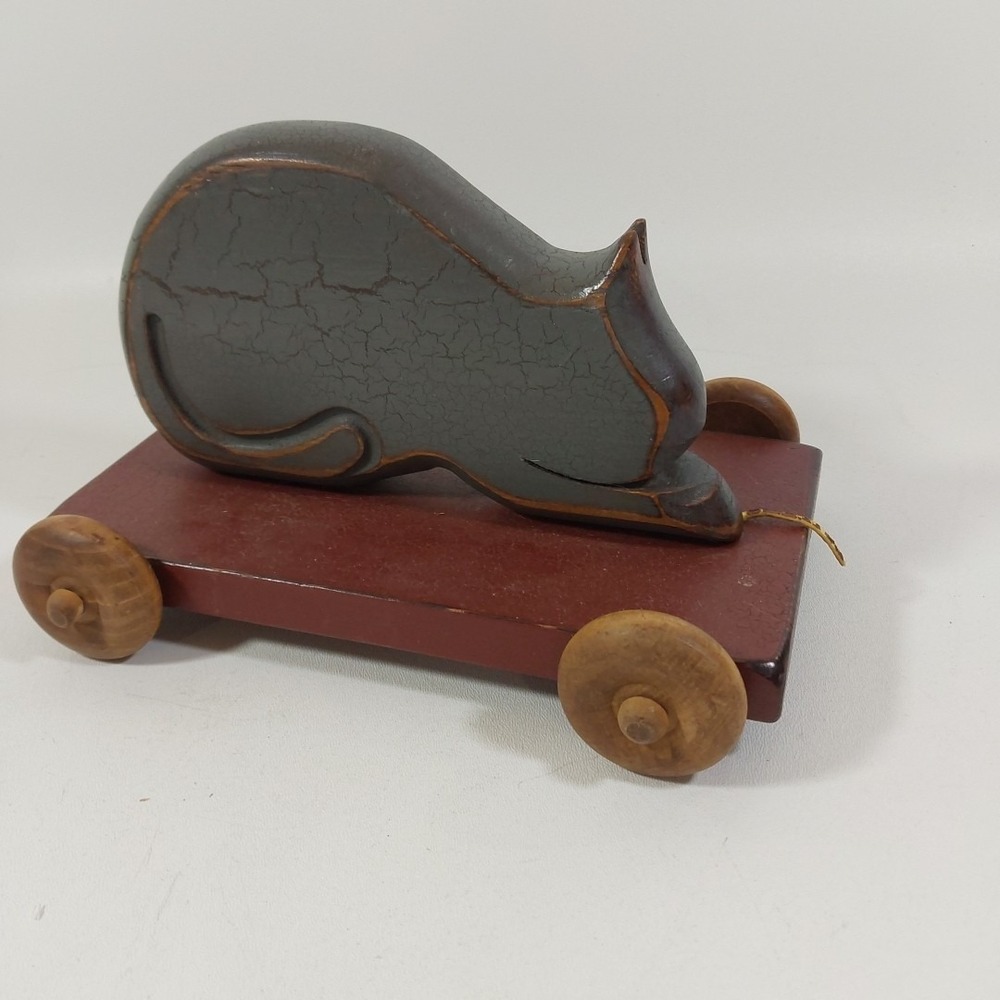 T.C. Barnyard Cat Painted Wood Leather Pull Folk Art Pull Toy Henn Workshop 1993